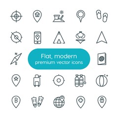 Modern Simple Set of location, travel Vector outline Icons. ..Contains such Icons as  air,  location,  beach,  marketing, volleyball, target and more on white background. Fully Editable. Pixel Perfect