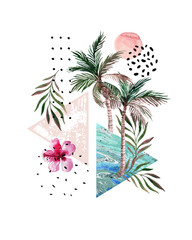 Abstract poster: watercolor palm trees, leaves, hibiscus flower, marble triangles. © Tanya Syrytsyna