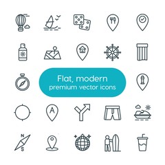 Modern Simple Set of location, travel Vector outline Icons. ..Contains such Icons as party, water, balloon,  hot,  beverage,  icon,  casino and more on white background. Fully Editable. Pixel Perfect