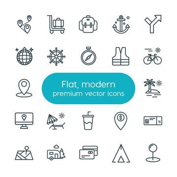 Modern Simple Set of location, travel Vector outline Icons. ..Contains such Icons as  map,  travel,  camp, train,  symbol, map,  knapsack and more on white background. Fully Editable. Pixel Perfect
