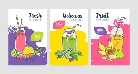 Collection of bright colored flyer or poster templates with refreshing cold drinks and smoothies made of exotic tropical fruits and vegetables. Colorful vector illustration for beverage advertisement.
