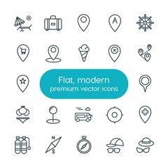 Modern Simple Set of location, travel Vector outline Icons. ..Contains such Icons as beach,  accessories,  fun,  marketing,  map,  ship, map and more on white background. Fully Editable. Pixel Perfect