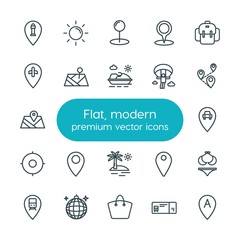 Modern Simple Set of location, travel Vector outline Icons. ..Contains such Icons as  pin,  bag,  navigation,  background,  travel, station and more on white background. Fully Editable. Pixel Perfect