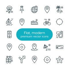 Modern Simple Set of location, travel Vector outline Icons. ..Contains such Icons as  travel,  ocean,  globe,  summer,  ticket, train,  way and more on white background. Fully Editable. Pixel Perfect