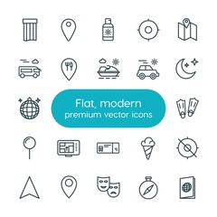 Modern Simple Set of location, travel Vector outline Icons. ..Contains such Icons as  location,  mattress,  north,  snorkeling,  pin,  care and more on white background. Fully Editable. Pixel Perfect