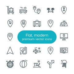 Fototapeta premium Modern Simple Set of location, travel Vector outline Icons. ..Contains such Icons as location, gps, sea, tropical, bus, summer, party and more on white background. Fully Editable. Pixel Perfect