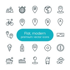 Modern Simple Set of location, travel Vector outline Icons. ..Contains such Icons as  car,  ball,  train,  luxury,  bag,  internet,  club and more on white background. Fully Editable. Pixel Perfect