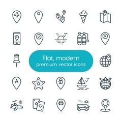 Modern Simple Set of location, travel Vector outline Icons. ..Contains such Icons as  car,  travel,  plane,  sea,  globe,  background,  sign and more on white background. Fully Editable. Pixel Perfect