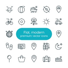 Modern Simple Set of location, travel Vector outline Icons. ..Contains such Icons as  pin,  beach,  vacation, airport, sunset, yacht, summer and more on white background. Fully Editable. Pixel Perfect