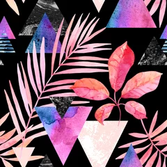 Foto op Plexiglas Aquarel exotische bladeren, grunge texturen, doodles naadloze patroon in rave kleuren © Tanya Syrytsyna