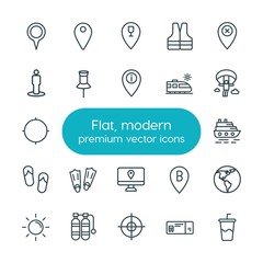 Modern Simple Set of location, travel Vector outline Icons. ..Contains such Icons as  water,  sign,  travel,  vacation,  design,  cola, soda and more on white background. Fully Editable. Pixel Perfect