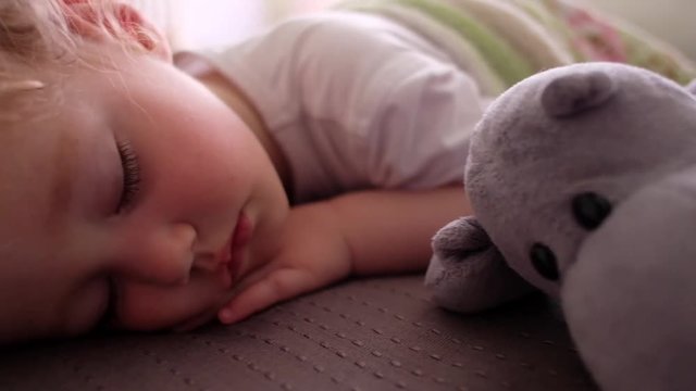 Cute toddler girl taking a midday nap with her soft hippopotamus toy laying beside her on the couch