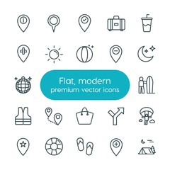 Modern Simple Set of location, travel Vector outline Icons. ..Contains such Icons as  location,  extreme,  sky, baggage,  suitcase,  rescue and more on white background. Fully Editable. Pixel Perfect