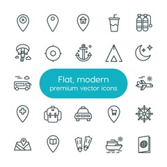 Modern Simple Set of location, travel Vector outline Icons. ..Contains such Icons as  old, wheel, aircraft, parachute,  drink,  nautical and more on white background. Fully Editable. Pixel Perfect