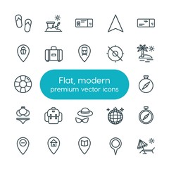 Modern Simple Set of location, travel Vector outline Icons. ..Contains such Icons as party,  information, fashion,  summer, school,  travel and more on white background. Fully Editable. Pixel Perfect