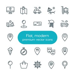 Modern Simple Set of location, travel Vector outline Icons. ..Contains such Icons as  airplane,  holiday,  light,  location,  show,  map and more on white background. Fully Editable. Pixel Perfect