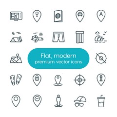 Modern Simple Set of location, travel Vector outline Icons. ..Contains such Icons as  gps,  travel, aircraft,  document,  drink,  street and more on white background. Fully Editable. Pixel Perfect