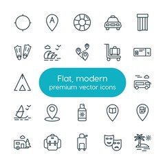 Modern Simple Set of location, travel Vector outline Icons. ..Contains such Icons as  show,  rescue, school,  backpack,  light,  beautiful and more on white background. Fully Editable. Pixel Perfect