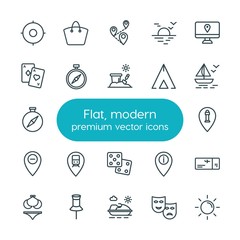 Modern Simple Set of location, travel Vector outline Icons. ..Contains such Icons as  sunrise,  vacation, location,  pointer,  web,  icon and more on white background. Fully Editable. Pixel Perfect