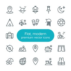 Fototapeta premium Modern Simple Set of location, travel Vector outline Icons. ..Contains such Icons as nature, vintage, shorts, accessories, clothing, sea and more on white background. Fully Editable. Pixel Perfect