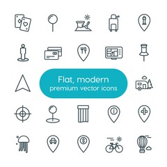 Modern Simple Set of location, travel Vector outline Icons. ..Contains such Icons as  money,  park,  fly, suitcase,  web, trailer,  sea and more on white background. Fully Editable. Pixel Perfect