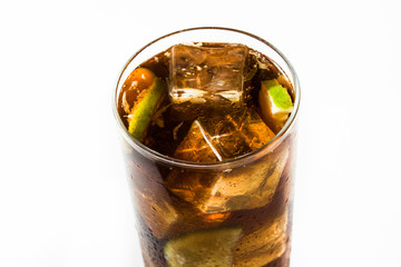 Cuba libre. Cocktail with rum, lime and ice isolated on white background. 