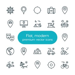 Modern Simple Set of location, travel Vector outline Icons. ..Contains such Icons as  car,  center,  cycle, wheel, sport, target,  race, map and more on white background. Fully Editable. Pixel Perfect