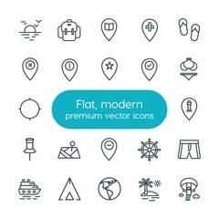 Modern Simple Set of location, travel Vector outline Icons. ..Contains such Icons as  lighthouse, sunset, airport,  adventure,  globe,  sky and more on white background. Fully Editable. Pixel Perfect