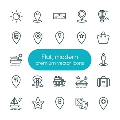 Modern Simple Set of location, travel Vector outline Icons. ..Contains such Icons as starfish,  ship,  wave, water, baggage,  fly,  marine and more on white background. Fully Editable. Pixel Perfect