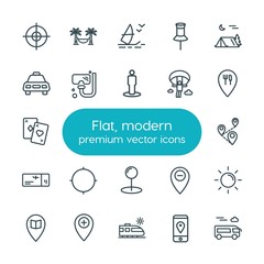 Modern Simple Set of location, travel Vector outline Icons. ..Contains such Icons as location,  student, target,  train,  transport,  camp and more on white background. Fully Editable. Pixel Perfect