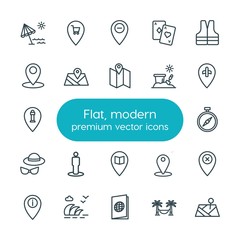 Modern Simple Set of location, travel Vector outline Icons. ..Contains such Icons as compass,  vacation,  direction,  technology, poker, map and more on white background. Fully Editable. Pixel Perfect