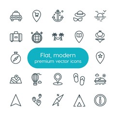 Modern Simple Set of location, travel Vector outline Icons. ..Contains such Icons as  cab,  travel,  internet,  direction,  symbol,  shoes and more on white background. Fully Editable. Pixel Perfect