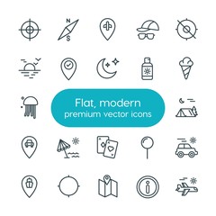Modern Simple Set of location, travel Vector outline Icons. ..Contains such Icons as route,  accessories,  plane, holiday,  trip,  vintage and more on white background. Fully Editable. Pixel Perfect