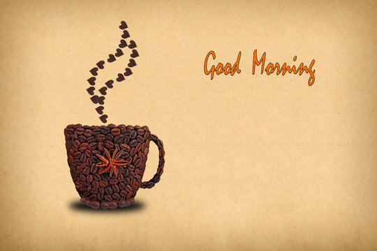 Fototapeta Creative concept photo of a cup of coffee and hearts  made of coffee beans.  Inscription "Good Morning."