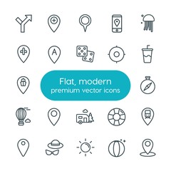 Modern Simple Set of location, travel Vector outline Icons. ..Contains such Icons as  transportation, dice, jellyfish,  holiday,  airplane and more on white background. Fully Editable. Pixel Perfect