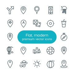Modern Simple Set of location, travel Vector outline Icons. ..Contains such Icons as  transportation, dice, jellyfish,  holiday,  airplane and more on white background. Fully Editable. Pixel Perfect