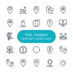 Modern Simple Set of location, travel Vector outline Icons. ..Contains such Icons as  car,  house, volleyball,  route,  icon, house,  travel and more on white background. Fully Editable. Pixel Perfect