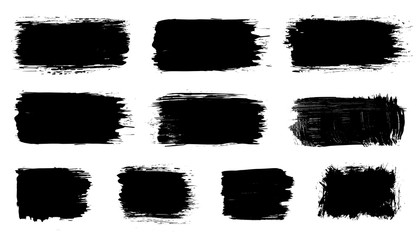 Vector black paint, ink brush stroke, dry grunge brush smear, line or texture. Dirty artistic design splash element, box, frame or background for text. - 200892115