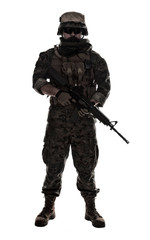 Obraz premium Studio shot of United States Marine with rifle weapons in uniforms. Military equipment, army helmet, combat boots, tactical gloves. Isolated on white, weapons, army, patriotism concept