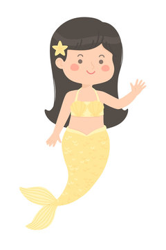 Cute Mermaid Girl yellow vector illustration cartoon character design isolated on white background.