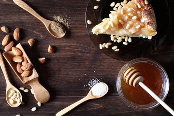 Fresh nuts on the table for breakfast with honey