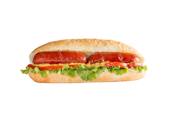 Double sausage sandwich on white background