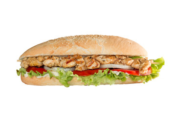 Chicken skewers sandwich on white background