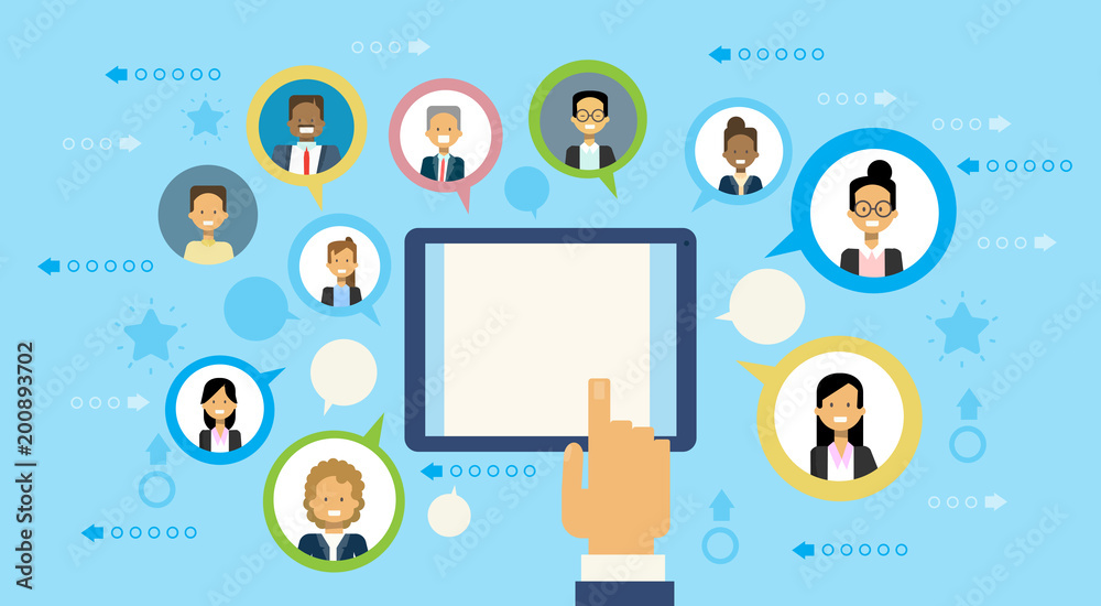 Poster hand using digital tablet computer communicating with business people networking concept flat vector