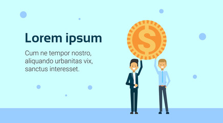 Two Successful Business Men Holding Golden Coin, Money Success Over Background With Copy Space Flat Vector Illustration