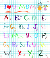 Rainbow colorful baby sketchy hand drawn painting style doodle alphabet letters on squared notebook page isolated vector illustration with I love you mom headline and kid's picture of mommy and girl