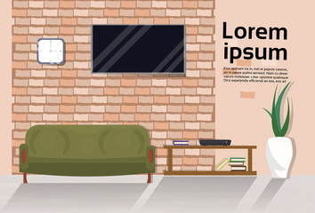 Modern Loft Living Room Interior With Couch, Tv Set On Wall Over Background With Copy Space Vector Illustration