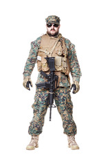 Studio shot of United States Marine with rifle weapons in uniforms. Military equipment, army helmet, combat boots, tactical gloves. Isolated on white, weapons, army, patriotism concept