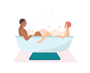 Young naked couple sitting in bathtub full of soap foam isolated on white background