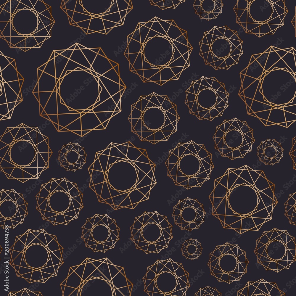Poster Abstract seamless pattern with geometric shapes of various size drawn with golden contour lines on black background. Geometrical backdrop. Vector illustration for wrapping paper, textile print.